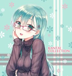 Rule 34 | 10s, 1girl, :d, aqua hair, bad id, bad pixiv id, bespectacled, blush, breasts, copyright name, glasses, green eyes, hair ornament, hairclip, hand on own cheek, hand on own face, highres, hiten (hitenkei), kantai collection, large breasts, long hair, looking at viewer, open mouth, outline, red-framed eyewear, ribbed sweater, smile, solo, suzuya (kancolle), sweater, turtleneck, white outline