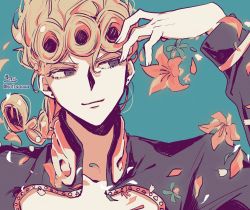 Rule 34 | 1boy, arm up, black jacket, blonde hair, blue background, braid, closed mouth, collarbone, commentary request, flower, giorno giovanna, grey eyes, highres, jacket, jojo no kimyou na bouken, long hair, male focus, red flower, signature, simple background, smile, sofra, solo, twitter username, upper body, vento aureo