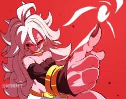 Rule 34 | 1girl, absurdres, android 21, armlet, dragon ball, dragon ball fighterz, earrings, highres, jewelry, majin android 21, nail polish, red background, red eyes, shoes, simple background, solo, sottart, tail, white hair