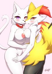 Rule 34 | 2girls, absurdres, animal collar, animal ears, braixen, breast press, breasts, collar, creatures (company), furry, game freak, gen 6 pokemon, heterochromia, highres, large breasts, looking at viewer, multiple girls, nintendo, nipples, nude, pokemon, pokemon (creature), purple eyes, red eyes, simple background, symmetrical docking, tail, tailzkim
