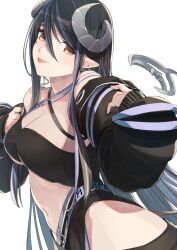 Rule 34 | 1girl, atsushima, bandeau, belt, black bandeau, black belt, black hair, black jacket, black skirt, blue belt, blue hair, breasts, brown eyes, chest belt, cleavage, closed mouth, commentary, curled horns, demon girl, demon horns, demon tail, earrings, grey horns, hair between eyes, hebiyoi tier, hebiyoi tier (1st costume), highres, hip vent, horns, jacket, jewelry, large breasts, long hair, long sleeves, looking at viewer, multicolored hair, nanashi inc., navel, off shoulder, open clothes, open jacket, pointy ears, sidelocks, simple background, skirt, smile, solo, tail, tongue, tongue out, two-tone hair, upper body, very long hair, virtual youtuber, white background