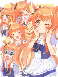 Rule 34 | &gt; &lt;, + +, 1girl, :3, animal ears, blush, bow, bowtie, clenched hands, commentary request, crying, crying with eyes open, heart, highres, horse ears, horse girl, horse tail, mayano top gun (umamusume), multiple views, one eye closed, orange eyes, orange hair, puckered lips, purple shirt, sailor collar, school uniform, shirt, short sleeves, skirt, smile, sparkle, tail, tears, tracen school uniform, turn pale, twitter username, two side up, umamusume, watermark, white skirt, yayame art