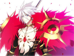 Rule 34 | 1boy, bishounen, blue eyes, chain, chest jewel, closed mouth, collar, collarbone, dangle earrings, earrings, eyeshadow, falling petals, fate (series), frown, fuyuki (neigedhiver), hair between eyes, highres, jewelry, karna (fate), makeup, male focus, pale skin, pectorals, petals, red eyeshadow, solo, spiked collar, spikes, toned, toned male, upper body, white background, white hair