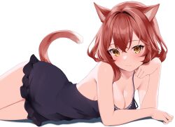 Rule 34 | 1girl, animal ears, arm support, black chemise, breasts, brown hair, cat ears, cat girl, cat tail, highres, koko sokodoko, looking at viewer, lying, medium breasts, on side, original, short hair, simple background, smile, tail, white background, yellow eyes