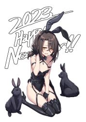 Rule 34 | 1girl, absurdres, alternate costume, animal ears, bare shoulders, black gloves, breasts, brown hair, christina brecht, cleavage, collarbone, counter:side, fake animal ears, gloves, hair ornament, hairclip, highres, leotard, new year, playboy bunny, rabbit, rabbit ears, small breasts, supernew, yellow eyes