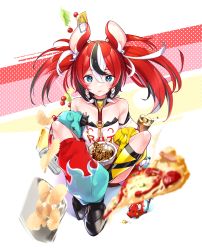 Rule 34 | 1girl, animal ears, asymmetrical legwear, black footwear, blue eyes, chips (food), collar, commentary request, crossed legs, cup ramen, dice hair ornament, eating, food, food request, hair between eyes, hair ornament, hakos baelz, highres, hololive, hololive english, iced tea, looking at viewer, mismatched legwear, mouse ears, mousetrap, mr. squeaks (hakos baelz), multicolored hair, noodles, pizza, pizza slice, potato chips, ramen, shirt, sitting, smile, spiked collar, spikes, strapless, strapless shirt, virtual youtuber, yuyaiyaui