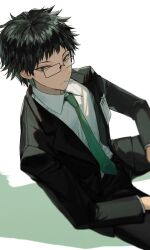 Rule 34 | 1boy, black-framed eyewear, black hair, black jacket, black pants, black suit, blazer, blurry, carol0905, collared shirt, cowboy shot, depth of field, formal, from above, glasses, green eyes, green necktie, highres, id card, jacket, limbus company, long bangs, long sleeves, looking at viewer, male focus, mouth hold, necktie, pants, project moon, rectangular eyewear, samjo (project moon), shadow, shirt, short hair, sidelocks, simple background, sitting, solo, spiked hair, stick, suit, white background, white shirt