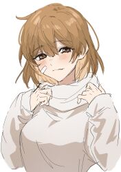 Rule 34 | 1girl, absurdres, alternate costume, bandaid, bandaid on face, brown eyes, brown hair, commentary request, fang, highres, kantai collection, looking at viewer, oboro (kancolle), short hair, simple background, solo, sweater, upper body, white background, white sweater, yamabuki0211