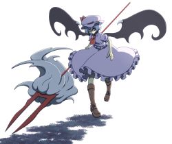 Rule 34 | 1girl, bad id, bad pixiv id, bat wings, blue hair, boots, brown footwear, dress, female focus, hat, high boots, pink dress, red eyes, remilia scarlet, solo, spear the gungnir, taiga mahoukan, touhou, white background, wings
