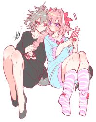 Rule 34 | 2boys, animal ears, antenna hair, astolfo (fate), black footwear, black shirt, blush, bow, bow legwear, braid, closed mouth, collarbone, command spell, dot mouth, dragon tail, fate/apocrypha, fate (series), full body, grey tail, hair between eyes, hair bow, hair intakes, haoro, holding, holding another&#039;s hair, holding phone, knees, light blue dress, long braid, long hair, loose socks, male focus, multicolored hair, multiple boys, phone, phone with ears, pink hair, polka dot, polka dot bow, purple eyes, rabbit ears, red bow, red eyes, shirt, shoes, short hair, sieg (fate), signature, simple background, single braid, socks, streaked hair, striped clothes, striped socks, tail, trap, two-tone hair, white background, white hair