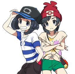 Rule 34 | 1boy, 1girl, aoaomzir, bag, baseball cap, beanie, black hair, black headwear, brown pants, closed mouth, commentary request, cosplay, costume switch, creatures (company), crossdressing, crossed arms, elio (pokemon), eyelashes, floral print, game freak, green shorts, grey eyes, grin, hand in pocket, hand on headwear, hat, highres, light blush, looking at viewer, nintendo, pants, pokemon, pokemon sm, red headwear, selene (pokemon), shirt, short shorts, short sleeves, shorts, smile, striped clothes, striped shirt, tied shirt, yellow shirt