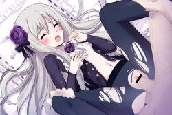 Rule 34 | 1girl, black thighhighs, blush, breasts, closed eyes, flower, gothic wa mahou otome, hair flower, hair ornament, long hair, lying, nipples, penis, purple flower, purple rose, rosalie (gothic wa mahou otome), rose, samoore, sex, small breasts, spread legs, thighhighs, very long hair, white hair