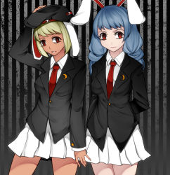 Rule 34 | 2girls, alternate costume, animal ears, aoshima, arm up, arms behind back, beret, black background, black hat, blazer, blonde hair, blue hair, breasts, commentary request, cosplay, cowboy shot, grey background, hand on headwear, hat, highres, jacket, long hair, long sleeves, looking at viewer, medium breasts, miniskirt, multiple girls, necktie, parted lips, pleated skirt, rabbit ears, red eyes, red neckwear, reisen udongein inaba, reisen udongein inaba (cosplay), ringo (touhou), seiran (touhou), shirt, short hair, skirt, standing, striped, striped background, tan, thighs, touhou, vertical stripes, white shirt, white skirt, wing collar