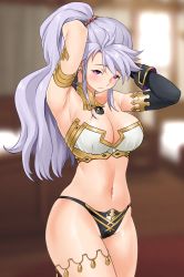 Rule 34 | 1girl, absurdres, alternate costume, armlet, armpits, arms behind back, arms up, bikini, black bikini, black panties, blush, breasts, cleavage, commission, commissioner upload, cosplay, detached sleeves, earrings, fate/grand order, fate (series), fire emblem, fire emblem: genealogy of the holy war, headpiece, highres, hoop earrings, igni tion, ishtar (fate), ishtar (fate) (cosplay), ishtar (fire emblem), jewelry, large breasts, long hair, looking at viewer, mismatched bikini, name connection, navel, neck ring, nintendo, panties, purple eyes, resolution mismatch, solo, source smaller, swimsuit, thighs, underwear