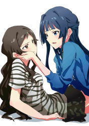Rule 34 | 10s, 2girls, absurdres, ayano yuu (sonma 1426), black hair, blouse, blue eyes, blue hair, blue shirt, breasts, brown eyes, brown hair, closed mouth, commentary request, eye contact, female focus, hand on another&#039;s cheek, hand on another&#039;s face, highres, idolmaster, idolmaster million live!, implied yuri, kitazawa shiho, long hair, long sleeves, looking at another, medium breasts, mogami shizuka, multiple girls, open mouth, serious, shadow, shirt, short sleeves, simple background, skirt, striped clothes, striped shirt, wavy hair, white background, yuri