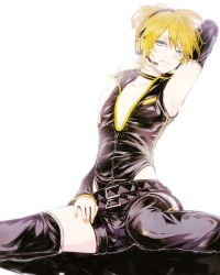 Rule 34 | 1boy, arm up, armpits, artist name, bare shoulders, belt, blonde hair, blue eyes, boots, choker, detached sleeves, eyelashes, headphones, highleg, highleg leotard, kagamine len, leotard, looking at viewer, male focus, nail polish, parted lips, project diva, project diva (series), project diva 2nd, punkish (module), saegome, shirt, short shorts, shorts, simple background, sitting, sleeveless, sleeveless shirt, smile, solo, speaker, spread legs, thigh boots, thighhighs, v-neck, vocaloid, white background, yellow nails, zettai ryouiki
