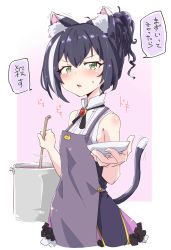 Rule 34 | 1girl, absurdres, animal ear fluff, animal ears, apron, black hair, blush, bob (you-u-kai), cat ears, cat girl, cat tail, commentary, cooking, green eyes, highres, karyl (princess connect!), multicolored hair, plate, ponytail, princess connect!, princess connect!, simple background, sleeveless, solo, stirring, streaked hair, sweatdrop, tail, translated, two-tone hair, white hair