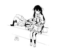 Rule 34 | 10s, 2girls, blush, bow, closed mouth, greyscale, hami (lvct), hands up, jacket, kagura hikari, kneehighs, lap pillow, loafers, long hair, long sleeves, looking at another, lying, monochrome, multiple girls, no shoes, on back, open clothes, open jacket, parted lips, pleated skirt, school uniform, shirt, shoes, unworn shoes, shoujo kageki revue starlight, sitting, skirt, smile, socks, tsuyuzaki mahiru, very long hair