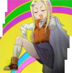 Rule 34 | 00s, 1girl, alternate hairstyle, blonde hair, child, closed eyes, forehead, hair ornament, loli fashion, long hair, official art, open mouth, pani poni dash!, rebecca miyamoto, screencap, shoes, socks, solo, stitched, superior, thighs, third-party edit