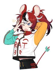 Rule 34 | 1girl, animal ears, black hair, blue eyes, eus ing, hakos baelz, hololive, hololive english, jacket, midriff peek, mouse ears, mouse girl, mouse tail, multicolored clothes, multicolored hair, nail polish, one eye closed, pants, red hair, sharp teeth, squeans, streaked hair, sweatpants, tail, teeth, track jacket, virtual youtuber, white hair, yawning