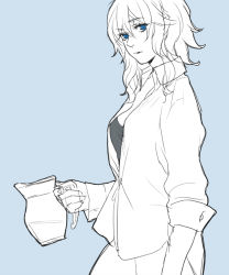 Rule 34 | 1girl, asakura noi, blue background, blue eyes, blue theme, breasts, collared shirt, cowboy shot, expressionless, izayoi sakuya, looking at viewer, monochrome, open clothes, open shirt, pitcher (container), shirt, short hair, sketch, sleeves rolled up, solo, spot color, touhou, undershirt