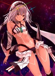 Rule 34 | 10s, 1girl, altera (fate), bare shoulders, black nails, blunt bangs, breasts, choker, closed mouth, collarbone, dark-skinned female, dark skin, detached sleeves, fate/extella, fate/extra, fate/grand order, fate (series), feet out of frame, full-body tattoo, headdress, highres, jewelry, legs, looking at viewer, midriff, nail polish, navel, orqz, pubic tattoo, red eyes, revealing clothes, shiny skin, short hair, showgirl skirt, skirt, small breasts, smile, socks, solo, stomach tattoo, tan, tattoo, thighs, veil, white hair
