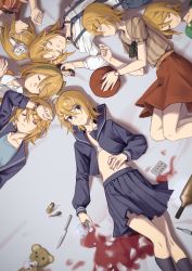 Rule 34 | 6+girls, ahoge, black necktie, blonde hair, blue eyes, blue shirt, bra, bracelet, breasts, brown shirt, closed eyes, closed mouth, collarbone, collared shirt, dress shirt, flower, grey sailor collar, grey shirt, grey skirt, hair flower, hair ornament, hairband, hairclip, highres, holding, holding removed eyewear, jewelry, kagamine rin, knife, long sleeves, looking at viewer, lying, midriff, miniskirt, multiple girls, navel, necktie, on back, on side, open clothes, open shirt, orange-tinted eyewear, orange skirt, pleated skirt, profile, sailor collar, sailor collar lift, sailor shirt, school uniform, serafuku, shirt, short hair, skirt, sleeping, small breasts, smile, stomach, striped clothes, striped shirt, stuffed animal, stuffed toy, sunglasses, suspenders, teddy bear, tinted eyewear, underwear, unworn eyewear, vertical-striped clothes, vertical-striped shirt, vocaloid, white bra, white flower, white hairband, wounds404