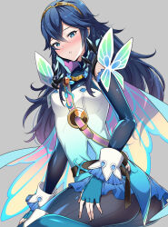 Rule 34 | 1girl, :o, ameno (a meno0), ass, belt, blue eyes, blue gloves, blue hair, blue sleeves, blush, breasts, cape, detached sleeves, fingerless gloves, fire emblem, fire emblem awakening, fire emblem heroes, gloves, grey background, hair between eyes, long hair, looking at viewer, lucina (fire emblem), nintendo, official alternate costume, simple background, sitting, small breasts, solo, tiara, wrist cuffs