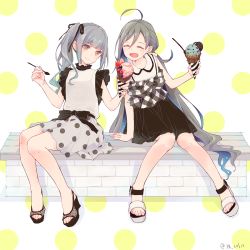 Rule 34 | 2girls, :d, ^ ^, ahoge, alternate costume, brown eyes, casual, closed eyes, colis, commentary, closed eyes, food, full body, grey hair, hair ribbon, ice cream, ice cream cone, ice cream spoon, kantai collection, kasumi (kancolle), kiyoshimo (kancolle), long hair, multiple girls, open mouth, polka dot, polka dot background, polka dot skirt, ribbon, sharing food, side ponytail, sitting, skirt, smile, spoon, white background