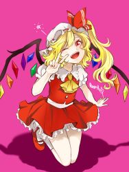 Rule 34 | 1girl, artist name, ascot, blonde hair, flandre scarlet, hat, highres, one eye closed, open mouth, red eyes, ribbon, rosette (roze-ko), short hair, side ponytail, smile, solo, touhou, v, wings