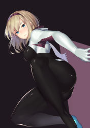 Rule 34 | 1girl, animification, blonde hair, blue eyes, blue footwear, blush, bodysuit, closed mouth, flats, gwen stacy, hairband, highres, hood, hooded bodysuit, impossible clothes, kagematsuri, long hair, looking at viewer, marvel, pantyhose, shoes, sidelocks, skin tight, solo, spider-gwen, thighs