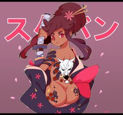 Rule 34 | 1girl, absurdres, ass, ass tattoo, back tattoo, black kimono, bow, breasts, brown hair, cherry blossoms, dark skin, floral print, flower, flower tattoo, from behind, hair bun, hair flower, hair ornament, hairpin, highres, holding, holding sword, holding weapon, japanese clothes, katana, kimono, large breasts, looking at viewer, looking back, mari (tiaramisstsu), open clothes, open kimono, parted lips, petals, print kimono, red bow, red eyes, scabbard, sheath, shoulder tattoo, sidelocks, standing, sword, tattoo, teeth, tiaramisstsu, unsheathing, weapon, yakuza