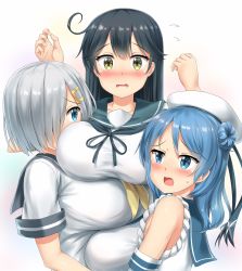 Rule 34 | 10s, 3girls, ahoge, bare shoulders, black hair, blue eyes, blue hair, blush, breasts, brown eyes, collarbone, double bun, elbow gloves, flying sweatdrops, gloves, gradient background, hair bun, hair ornament, hair over one eye, hairclip, hamakaze (kancolle), hat, highres, kantai collection, large breasts, long hair, looking at another, looking at viewer, multiple girls, nedia (nedia region), open mouth, school uniform, serafuku, short hair, short sleeves, silver hair, straight hair, urakaze (kancolle), ushio (kancolle), wavy mouth, white hat