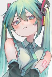 Rule 34 | :t, bare shoulders, blue eyes, blue hair, blue necktie, blush, breasts, collared shirt, detached sleeves, frilled shirt, frills, hair between eyes, hair ornament, hatsune miku, headset, highres, long hair, long sleeves, looking at viewer, minshichi, necktie, number tattoo, own hands together, pout, shirt, sidelocks, simple background, sleeveless, sleeveless shirt, small breasts, tattoo, tie clip, twintails, twitter username, upper body, very long hair, vocaloid, white background, white shirt, wing collar