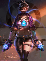 Rule 34 | 1girl, akali, asymmetrical legwear, breasts, brown eyes, brown hair, chest harness, collarbone, dual wielding, goggles, goggles on head, gun, handgun, harness, highres, holding, k/da (league of legends), k/da akali, league of legends, liang xing, mask, medium breasts, midriff, overwatch, overwatch 1, paint splatter, pistol, signature, skindentation, solo, tagme, thigh gap, tracer (overwatch), uneven legwear, weapon