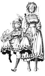 Rule 34 | ;d, apron, boots, cross-laced footwear, dress, dress shirt, frilled dress, frills, greyscale, hair between eyes, hat feather, highres, knee boots, lace-up boots, long hair, lyza (made in abyss), made in abyss, maid, maid apron, monochrome, one eye closed, open mouth, ozen, shirt, smile, standing, standing on one leg, taka t, white background