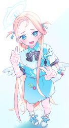 Rule 34 | 1girl, angel wings, apron, black bow, black bowtie, blonde hair, blue apron, blue archive, blue eyes, blue halo, bow, bowtie, collared shirt, from above, full body, halo, highres, long hair, looking at viewer, open mouth, shirt, shoes, short sleeves, socks, solo, sora (blue archive), valentine (02140314c), white footwear, white shirt, white socks, white wings, wings