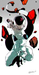 Rule 34 | 1boy, bad id, bad pixiv id, dragon ball, dragonball z, evil smile, fighting stance, fingernails, floating, floating rock, frieza, gradient background, grey background, grin, kokusoji, looking at viewer, male focus, open mouth, red eyes, rock, shaded face, simple background, smile, solo, tail, twitter username, veins, white background