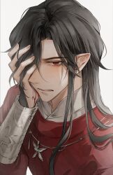 Rule 34 | 1boy, absurdres, bishounen, black hair, blood, blood on hands, butterfly necklace, chinese clothes, highres, hua cheng, long hair, long sleeves, male focus, pointy ears, red eyes, red hanfu, tianguan cifu, very long hair, young57440489
