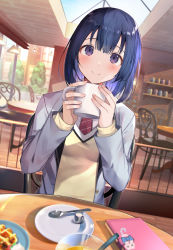 Rule 34 | 1girl, blue hair, blush, book, chair, closed mouth, commentary request, cup, fingernails, highres, holding, holding cup, long sleeves, looking at viewer, necktie, original, outdoors, plate, pov, purple eyes, red necktie, short hair, sitting, smile, solo, spoon, tetsubuta, upper body