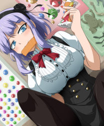 Rule 34 | 10s, 1girl, bell, bioroid hei, black flower, black pantyhose, black rose, blue eyes, blush, bow, bowtie, breasts, buttons, dagashi kashi, dress, dutch angle, fingernails, flower, food, frills, frog, grin, hair ribbon, hairband, high-waist skirt, holding, jingle bell, large breasts, long fingernails, looking at viewer, mobile, mouth hold, nail polish, pantyhose, puffy short sleeves, puffy sleeves, purple hair, ribbon, rose, shidare hotaru, short hair, short sleeves, sidelocks, sitting, skirt, smile, snake, solo, spread legs, taut clothes, wrapper