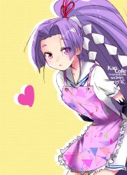 Rule 34 | 10s, 1girl, apron, arms behind back, copyright name, dated, dress, eyebrows, gloves, hair ornament, hair ribbon, hatsuharu (kancolle), heart, hikimayu, kantai collection, kimura shiki, long hair, looking at viewer, open mouth, ponytail, purple eyes, purple hair, ribbon, sailor dress, school uniform, shide, short eyebrows, simple background, solo, twitter username, very long hair, yellow background