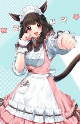Rule 34 | 1girl, :d, absurdres, animal ears, apron, black hair, blue background, blush, breasts, center frills, clenched hands, commentary request, diagonal stripes, dress, fang, final fantasy, final fantasy xiv, fingernails, frills, highres, long hair, looking at viewer, maid, maid headdress, medium breasts, miqo&#039;te, mole, mole under eye, open mouth, outstretched arm, pink dress, polka dot, polka dot background, puffy short sleeves, puffy sleeves, red eyes, sakura chiyo (konachi000), shirt, short sleeves, sleeveless, sleeveless dress, smile, solo, striped, striped background, teeth, translation request, two-tone background, upper teeth only, waist apron, warrior of light (ff14), white apron, white background, white shirt, wrist cuffs