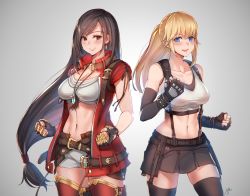 Rule 34 | 2girls, absurdres, black hair, blonde hair, breasts, cleavage, cosplay, costume switch, final fantasy, final fantasy vii, final fantasy vii remake, final fantasy xiv, fingerless gloves, gauntlets, gloves, highres, hjz (artemi), huge filesize, jewelry, long hair, looking at viewer, low-tied long hair, lyse hext, multiple girls, navel, necklace, pleated skirt, skirt, smile, stomach, suspender skirt, suspenders, thighhighs, tifa lockhart, tifa lockhart (cosplay), toned, trait connection