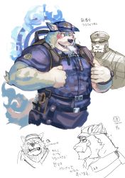 Rule 34 | 2boys, animal ear headwear, animal ears, bara, baseball cap, blue fur, character request, cropped legs, ears through headwear, fake animal ears, food, food in mouth, fox boy, fox ears, fox tail, furry, furry male, halo, halo behind head, hat, highres, itohiro, large pectorals, looking at another, looking at viewer, male focus, multiple boys, muscular, muscular male, pectorals, police, police uniform, policeman, popsicle, sketch, smile, tail, tajikarao (housamo), tokyo houkago summoners, translation request, uniform, white fur
