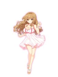 Rule 34 | 1girl, bare shoulders, blush, breasts, brown eyes, brown hair, cleavage, collarbone, dolphin blade, dress, full body, hair ornament, hairclip, hinata momo, large breasts, long hair, looking at viewer, official art, parted lips, pink dress, shoes, short dress, sleeveless, solo, toeless footwear, transparent background