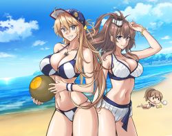 Rule 34 | 3girls, absurdres, alternate costume, anchor, ball, beach, beach volleyball, bikini, blonde hair, blue eyes, blue sky, blush, breasts, brown hair, cleavage, closed mouth, cloud, cowboy shot, day, hair between eyes, hair ornament, highres, holding, holding ball, intrepid (kancolle), iowa (kancolle), kantai collection, large breasts, long hair, looking at viewer, multiple girls, ocean, outdoors, playing sports, ponytail, saratoga (kancolle), short hair, side ponytail, sky, smile, sozan, star (symbol), swimsuit, volleyball, volleyball (object)