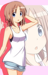 Rule 34 | 1girl, :o, bare shoulders, blue eyes, blush, breasts, brown hair, camisole, cleavage, collarbone, hand on own head, nitizyo, open mouth, original, ponytail, shirt, shorts, sleeveless, sleeveless shirt, solo, sports bra, zoom layer