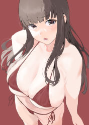 Rule 34 | 1girl, bare shoulders, bikini, breasts, brown eyes, brown hair, cleavage, commentary request, from above, halterneck, has bad revision, has cropped revision, hime cut, ikuchan kaoru, large breasts, long hair, md5 mismatch, navel, open mouth, original, red background, red bikini, resolution mismatch, side-tie bikini bottom, source smaller, string bikini, swimsuit, underboob