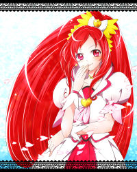 Rule 34 | 1girl, blush, brooch, cure ace, dokidoki! precure, hand to own mouth, heart, heart brooch, kagami chihiro, letterboxed, light smile, long hair, madoka aguri, patterned, precure, red eyes, red hair, smile, solo